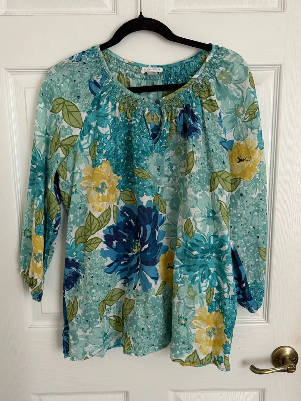 Charter Club Aqua Floral Peasant Top - Picture 1 of 3